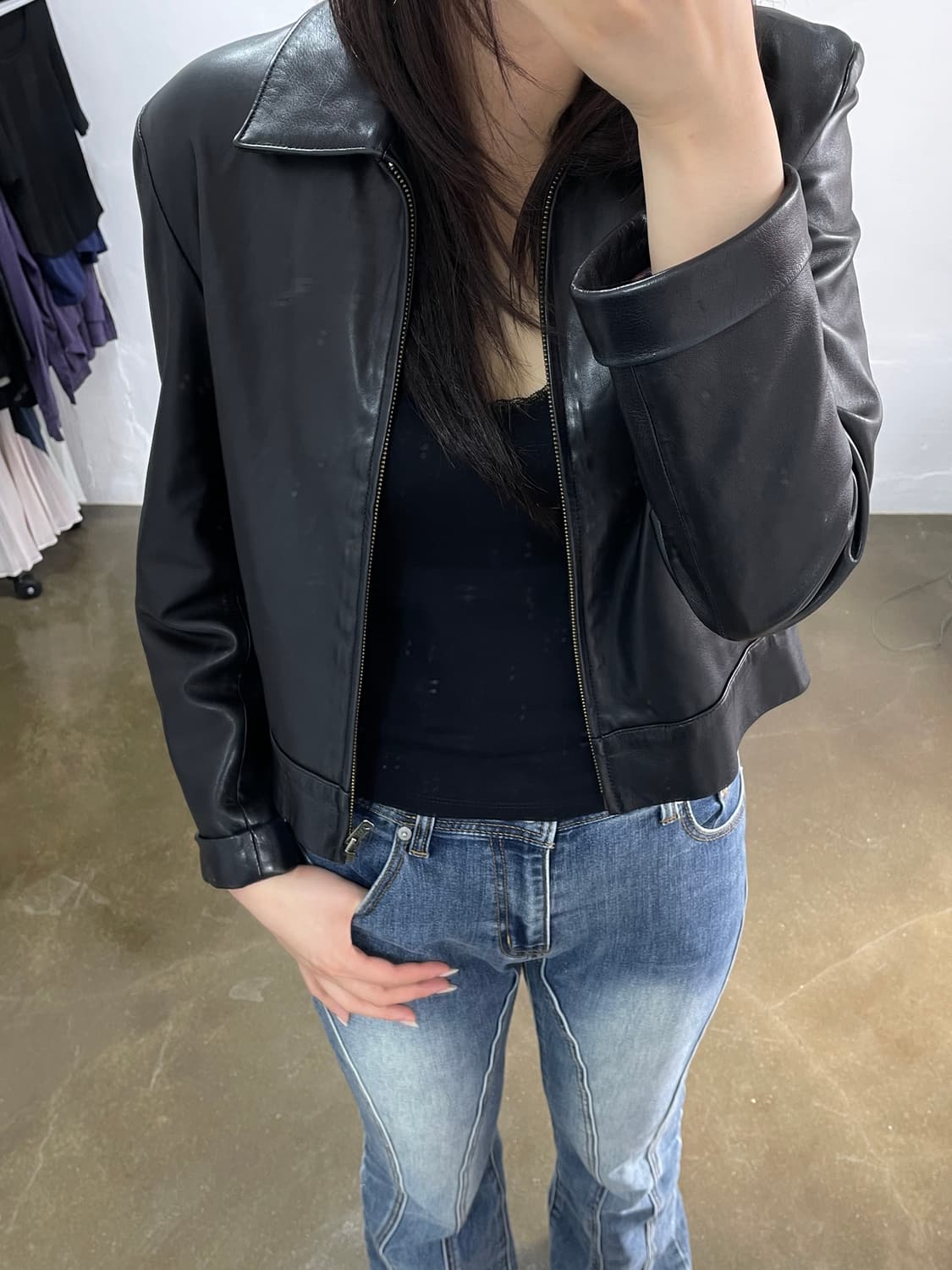 YANKO 블랙 레더 자켓 상품이미지1