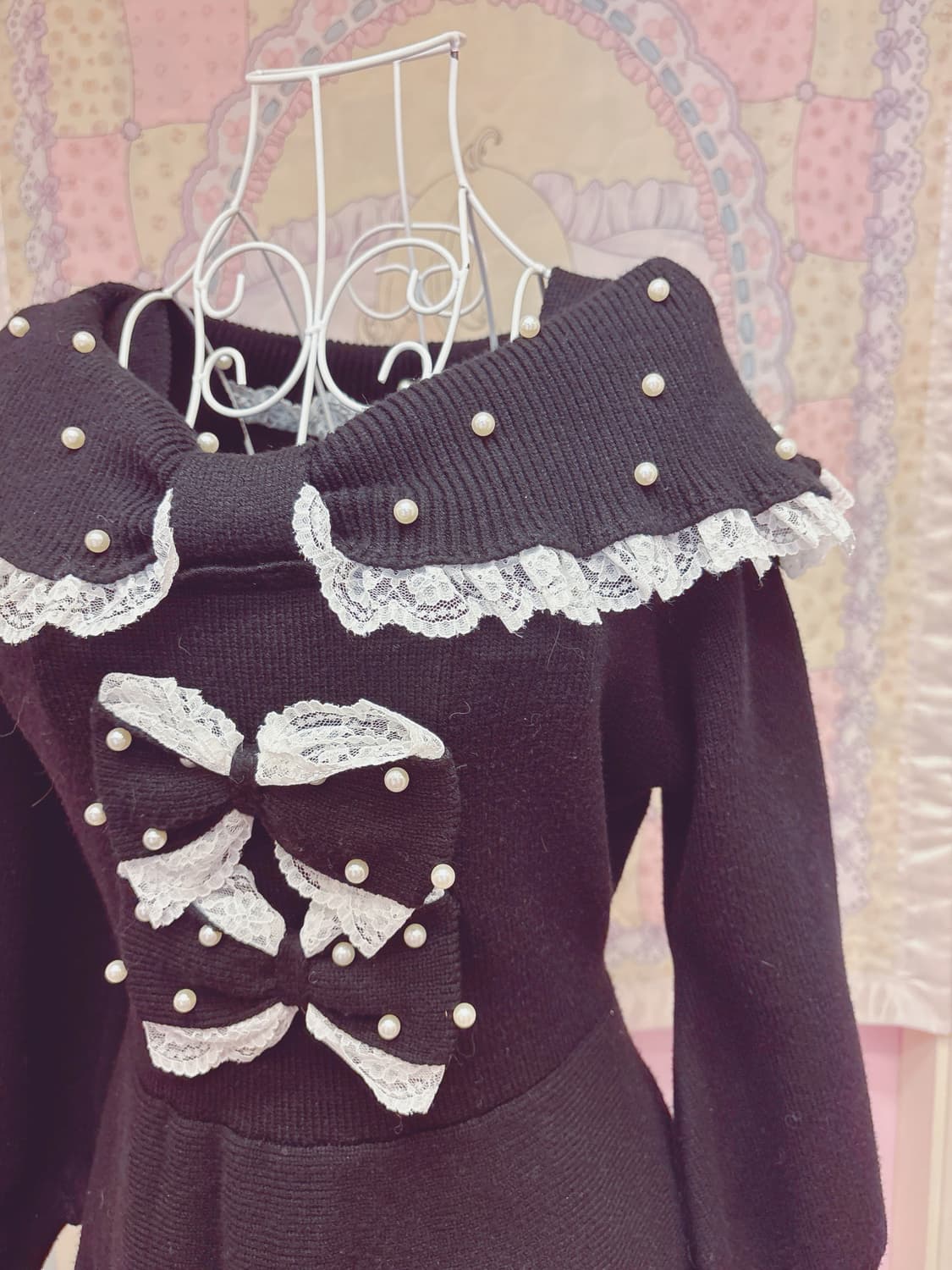 AnkRouge 블랙 오프숄더 니트 리본 원피스 상품이미지3