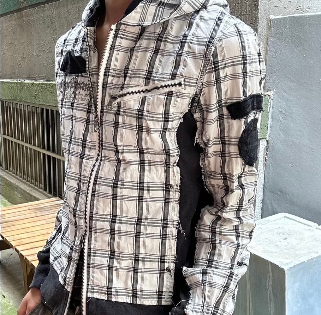유일매물 일본빈티니 펑크 레터링 체크 후드 집업 자켓 상품이미지3