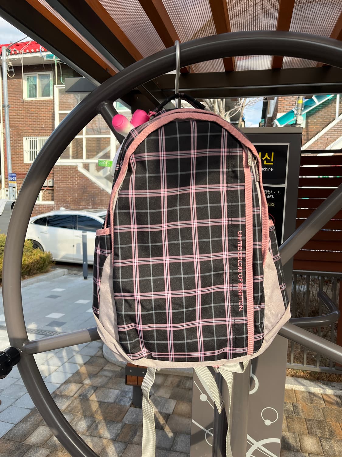 베네통 블랙 핑크 체크 백팩 🎀 상품이미지10