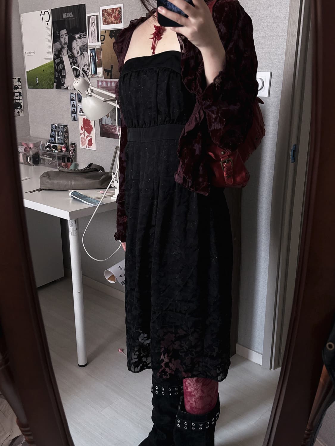 오리엔탈 버건디 플로럴 벨벳 시스루 가디건 상품이미지4