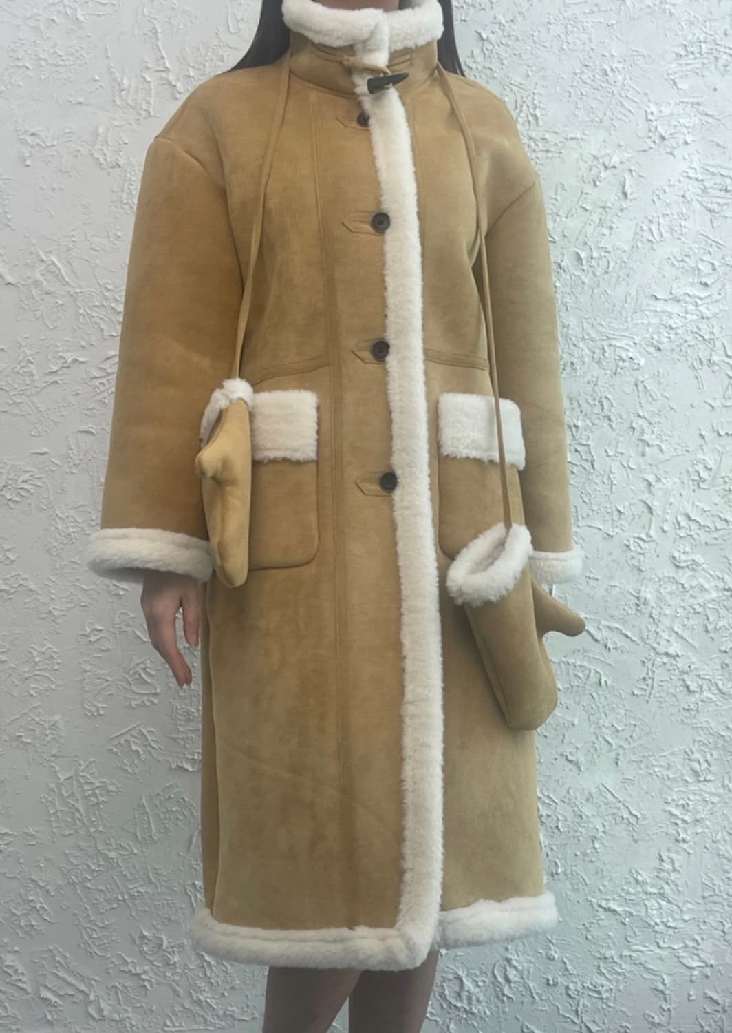 (새상품, 포장) 털 장갑 포함, 롱 베이지 무스탕 상품이미지1