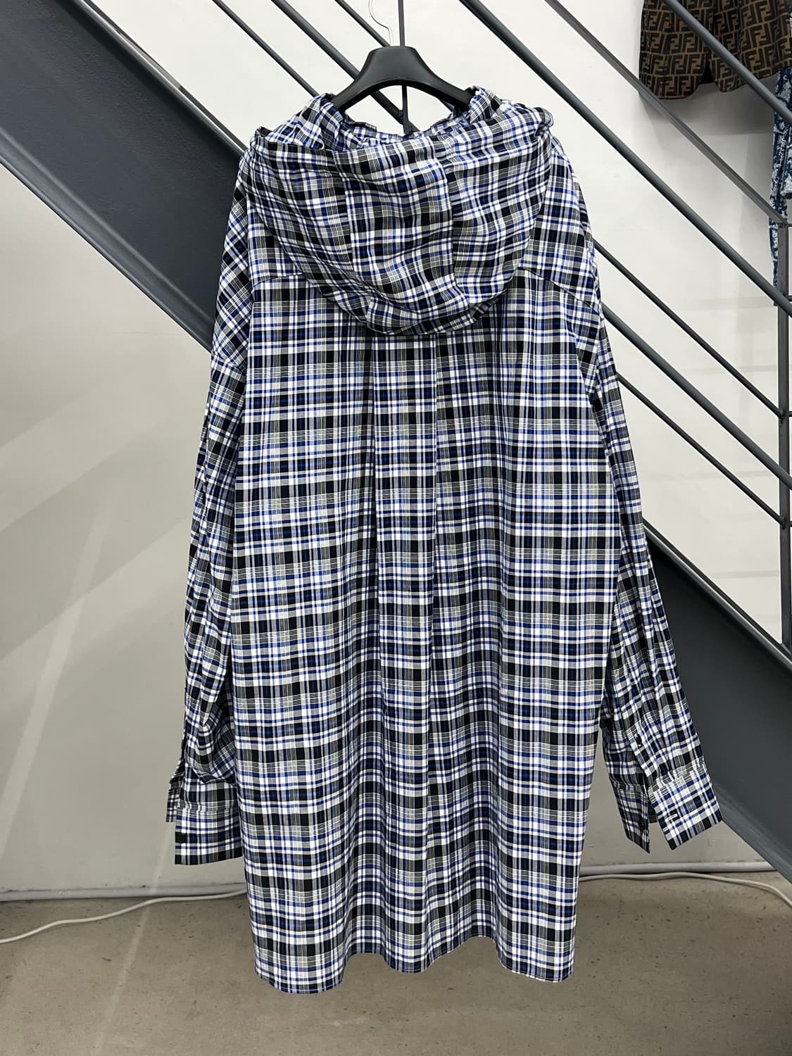 준지 블루 체크 자수 롱 후드 셔츠 상품이미지4