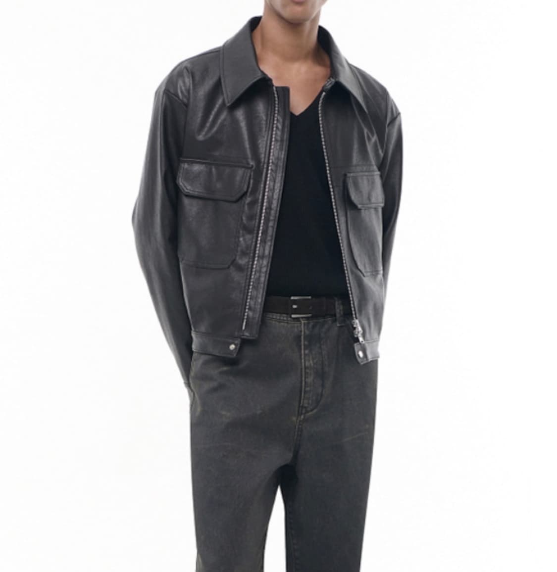 [새상품]비슬로우 비건 레더 밀리터리 집업자켓 블랙 상품이미지4