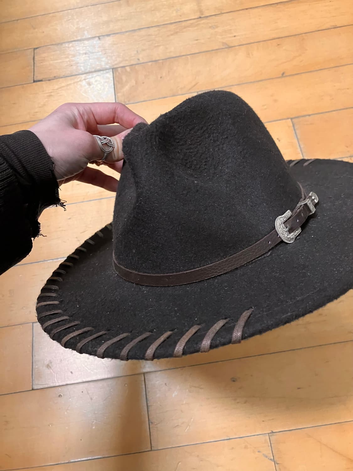 Japanese 90s 비대칭 레더 스티치 디테일 카우보이 모자 상품이미지2