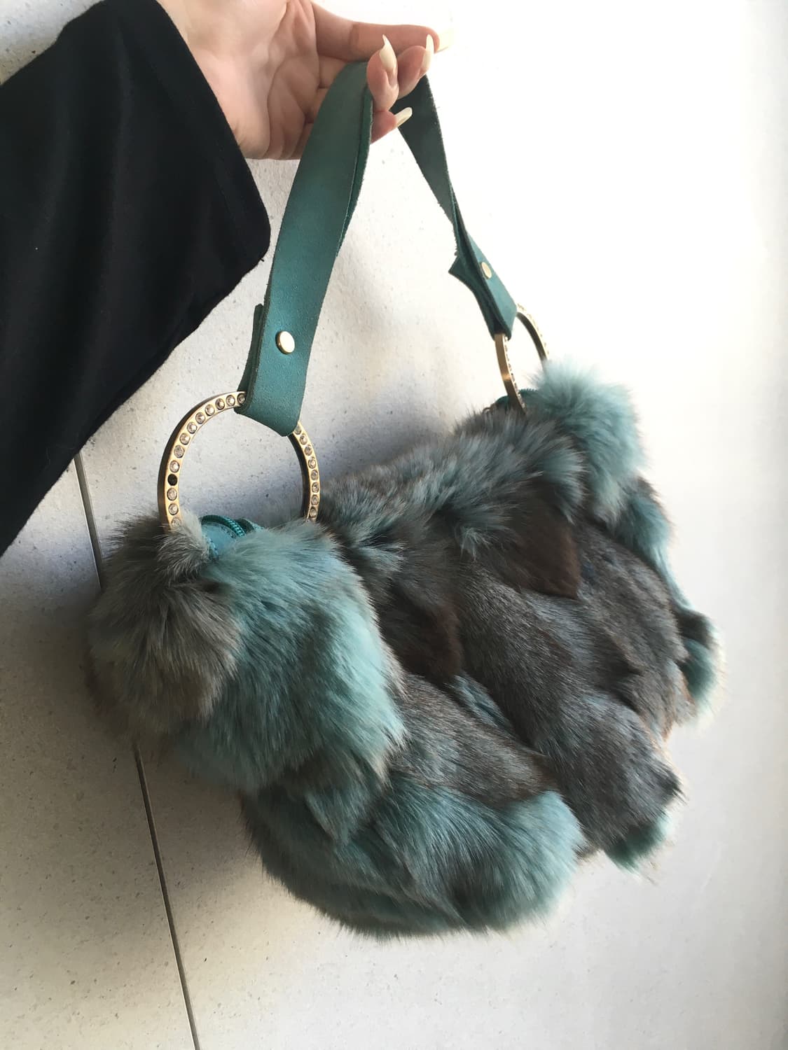 00s 리얼퍼 에메랄드 빅 큐빅 링 숄더백 y2k 오네갸루 상품이미지3