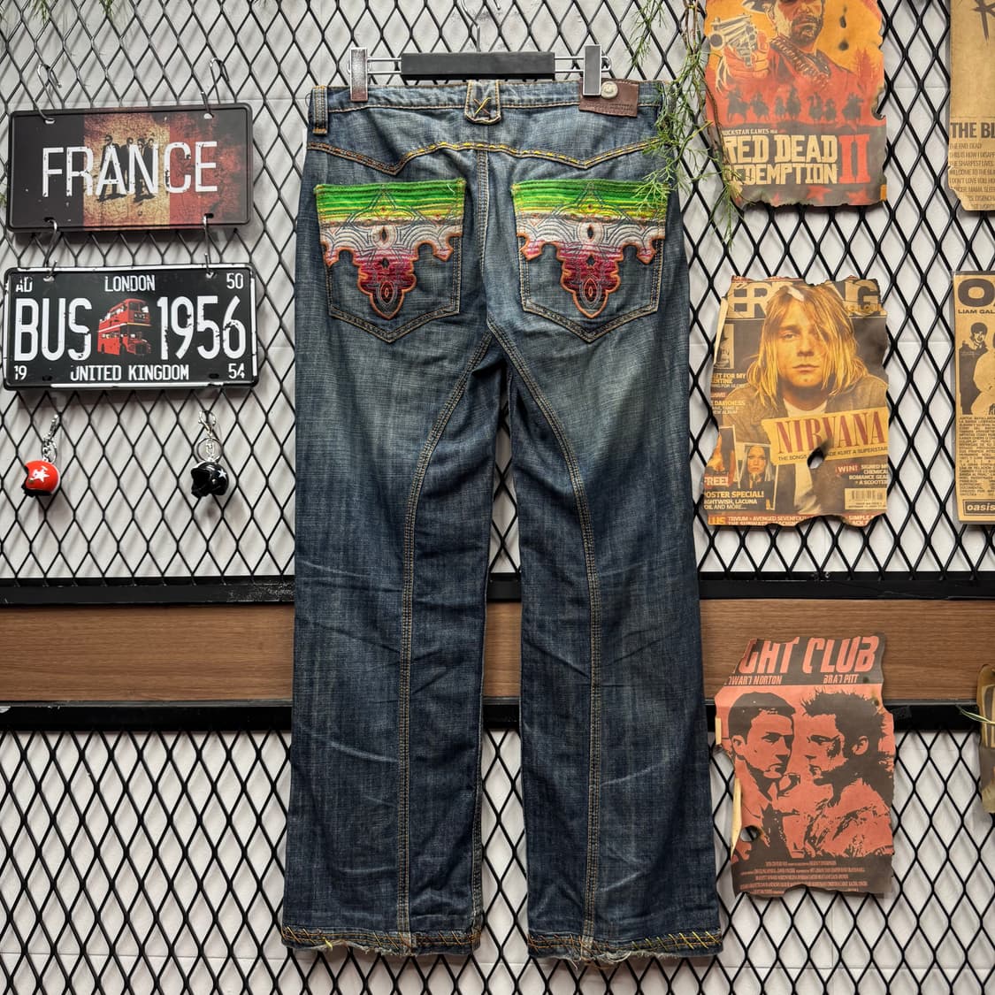 00s USA VINTAGE 데님 팬츠 후면 멀티컬러 자수 포인트 중청 상품이미지1