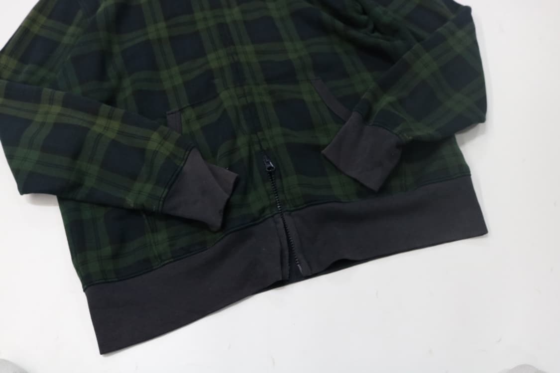 AUTHENTIC 워시드 그린 블랙 타탄 체크 기모 후드 집업 (XL) 상품이미지5