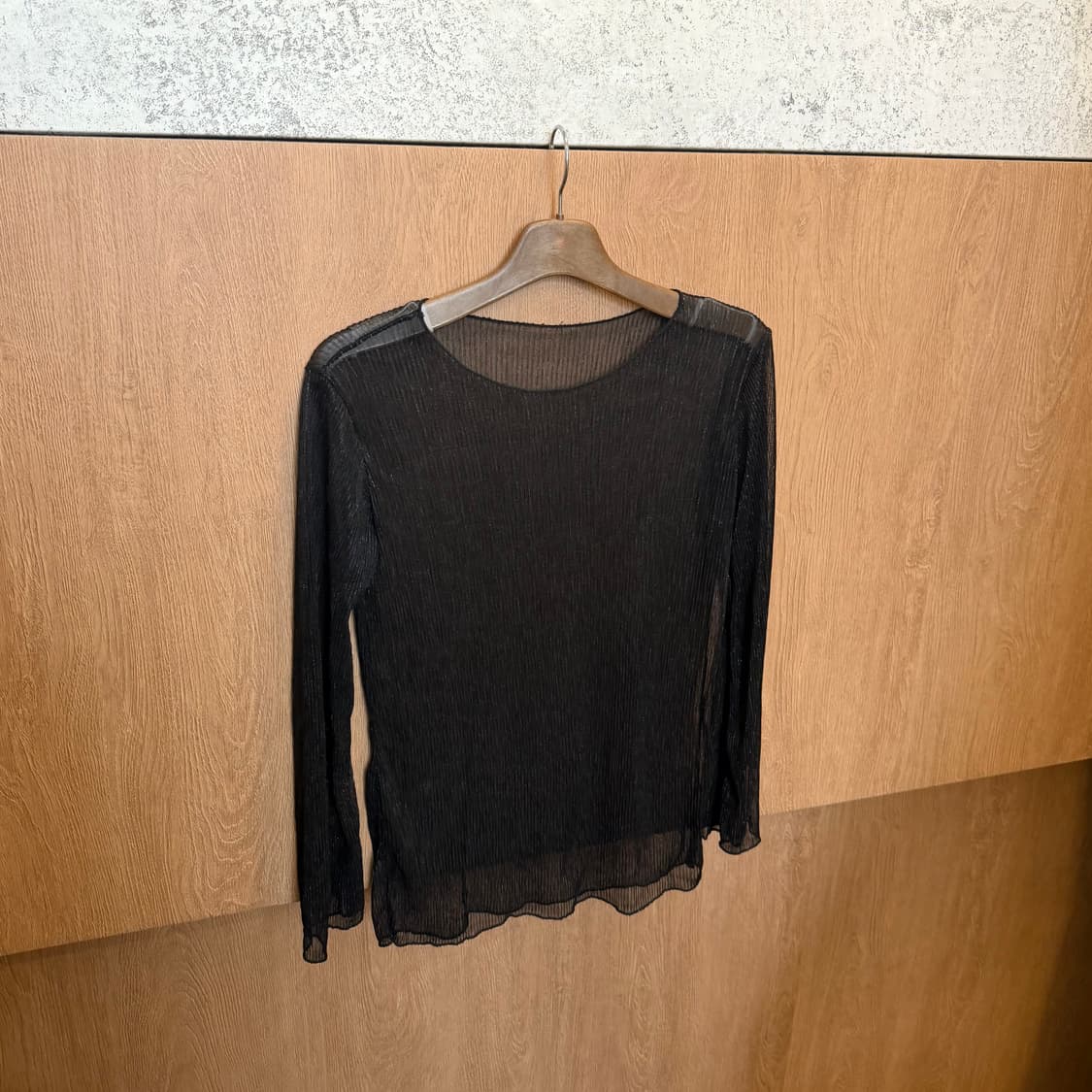 빈티지 라운드넥 롱슬리브 시스루 블라우스 플리츠 텍스처 디테일 블랙 상품이미지1