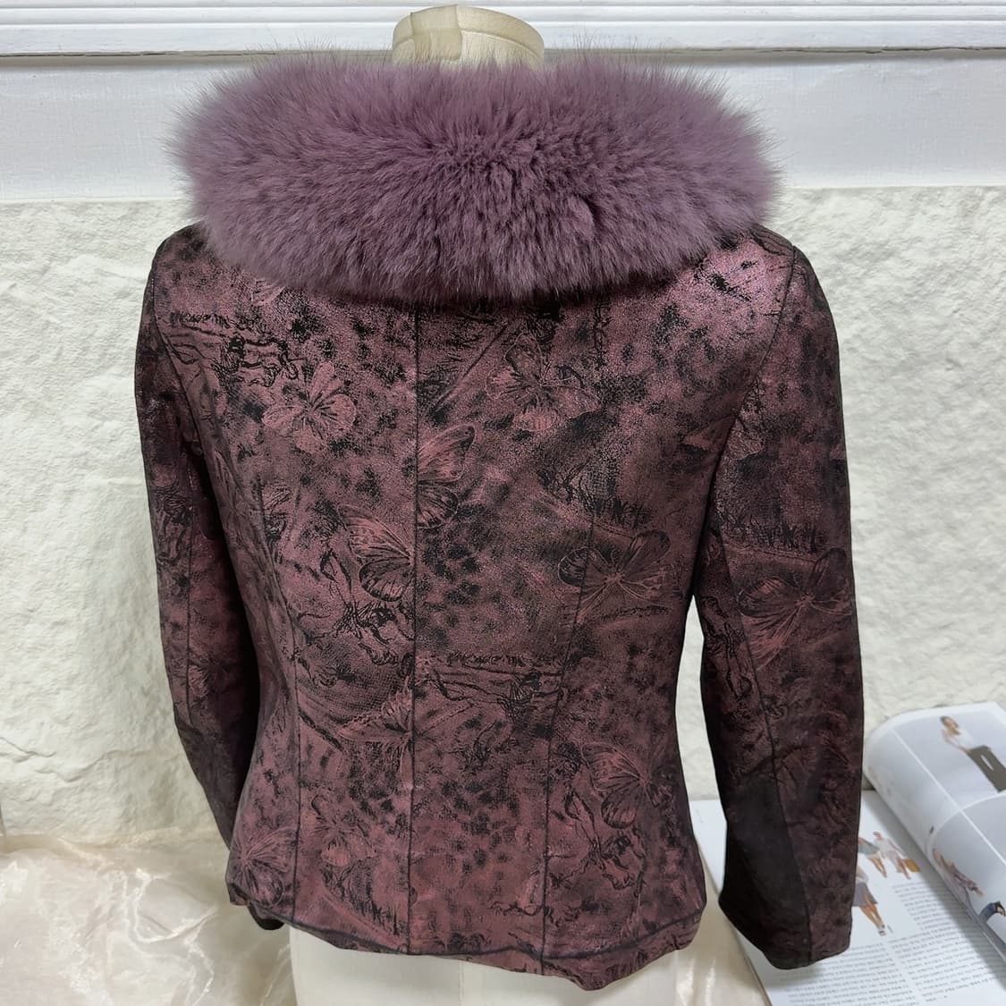 빈티지 다크 퍼플 폭스퍼 칼라 나비 되지가죽자켓 상품이미지4