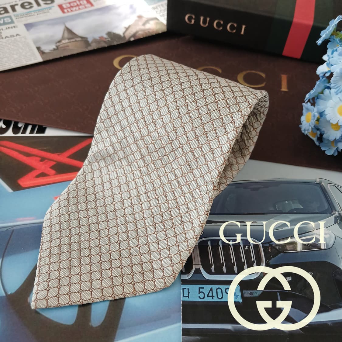 구찌 실크 실버&베이지 G로고 패턴 넥타이 9.4cm B등급 A19055 상품이미지1