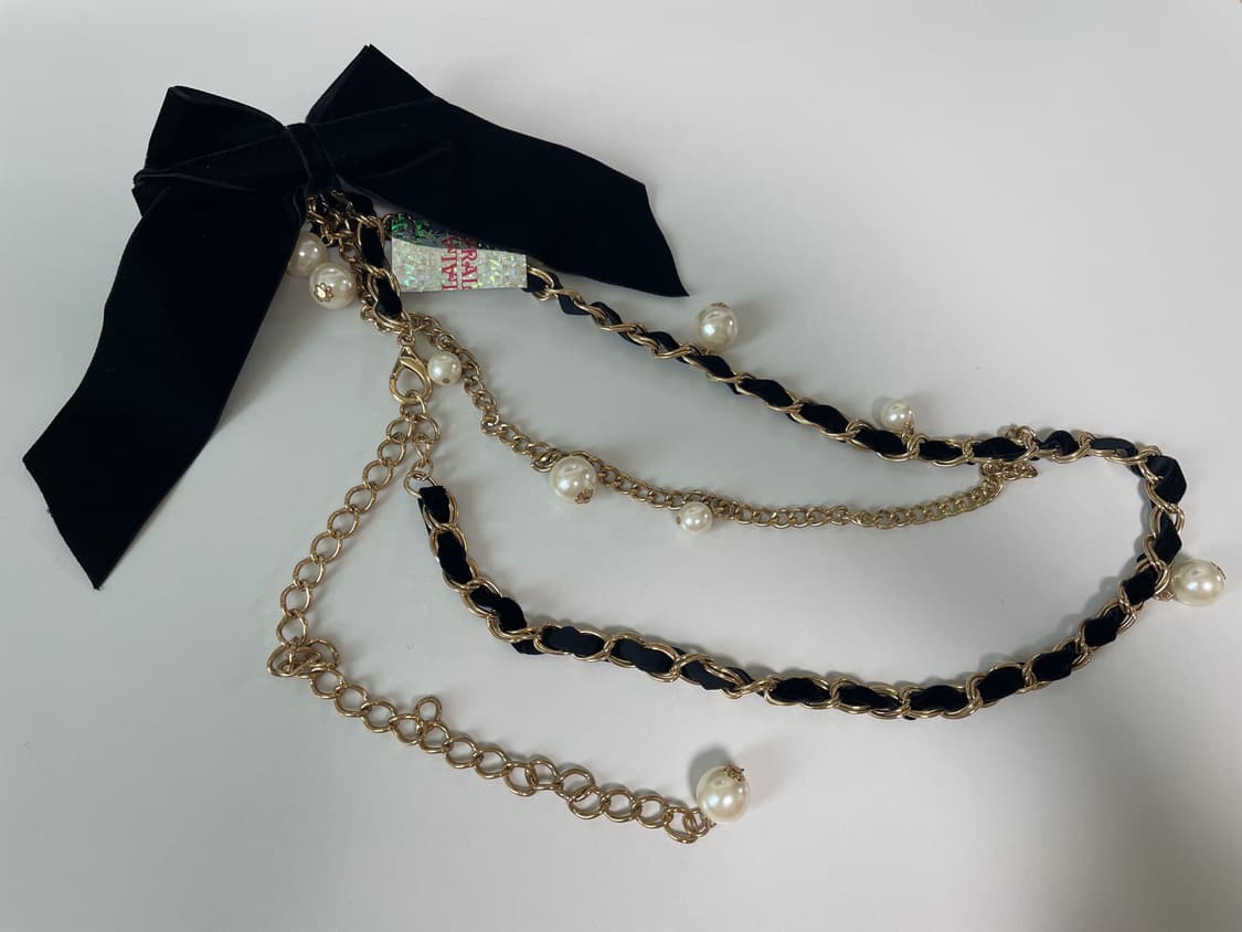 [새상품] 트랄라라 블랙 리본 진주 체인 벨트 상품이미지2