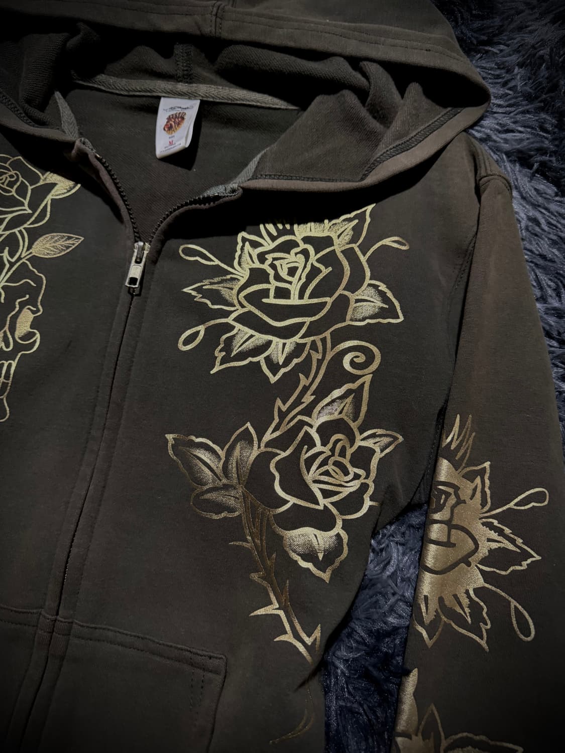 Ed Hardy 카키 올드스쿨 장미 프린팅 큐빅 디테일 후드집업 상품이미지4