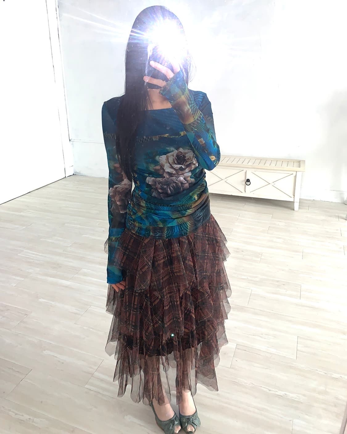Brown Check Mesh Tiered Skirt 상품이미지4