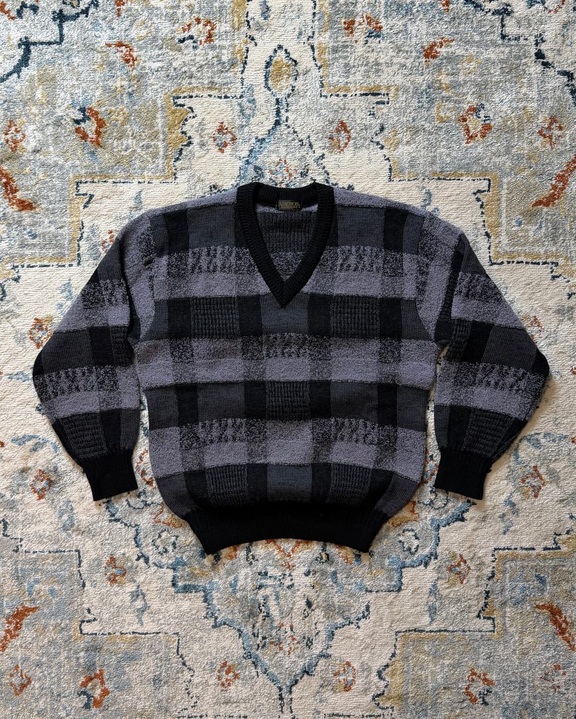 90s 빈티지 울 체크 브이넥 니트 스웨터 상품이미지3