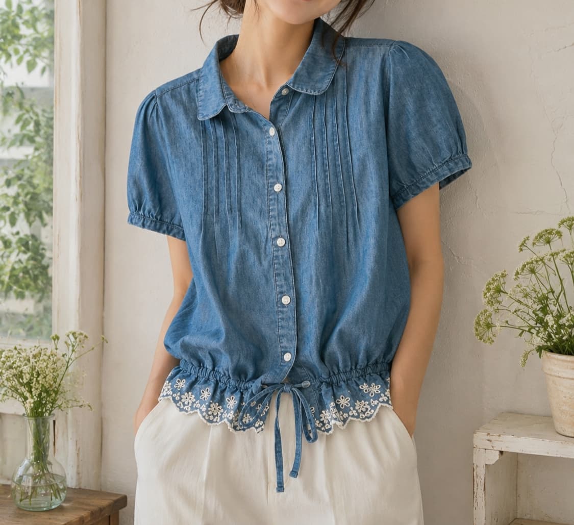 [ Sorridere ]일본 여성용 핀턱 데님 셔츠 블라우스 상품이미지5