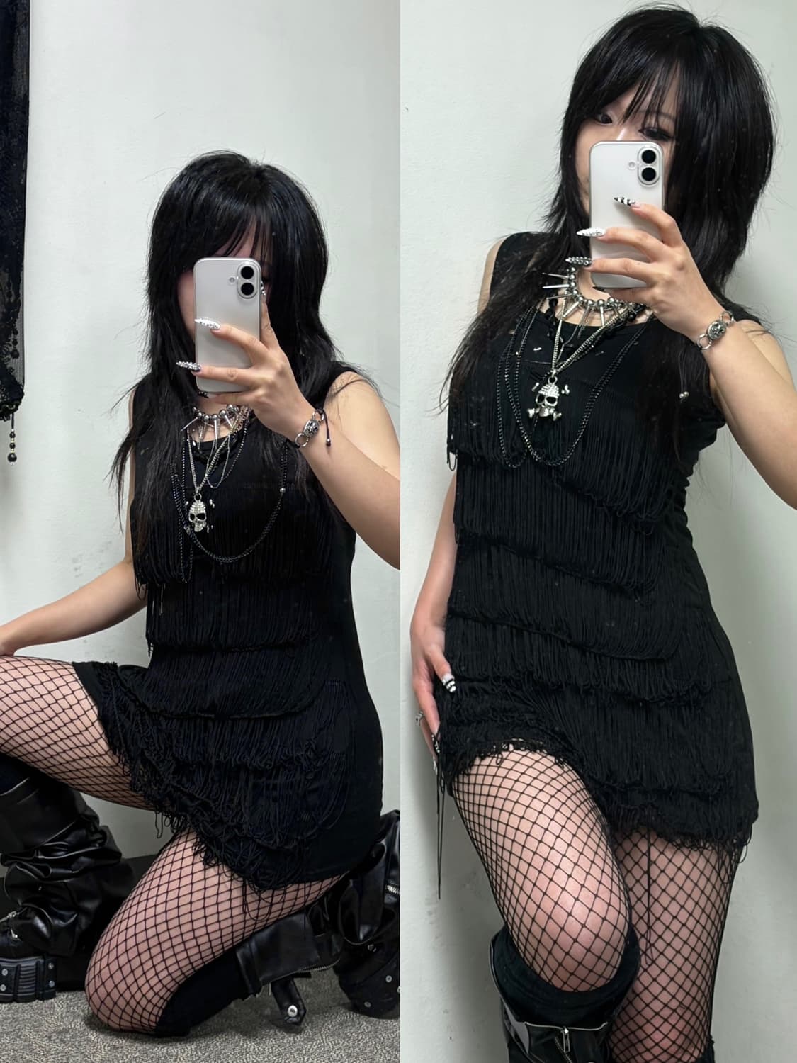 착샷추가) 테슬 딱붙 나시원피스 그런지 고스 인더스트리얼 오피움 락 블랙 상품이미지1