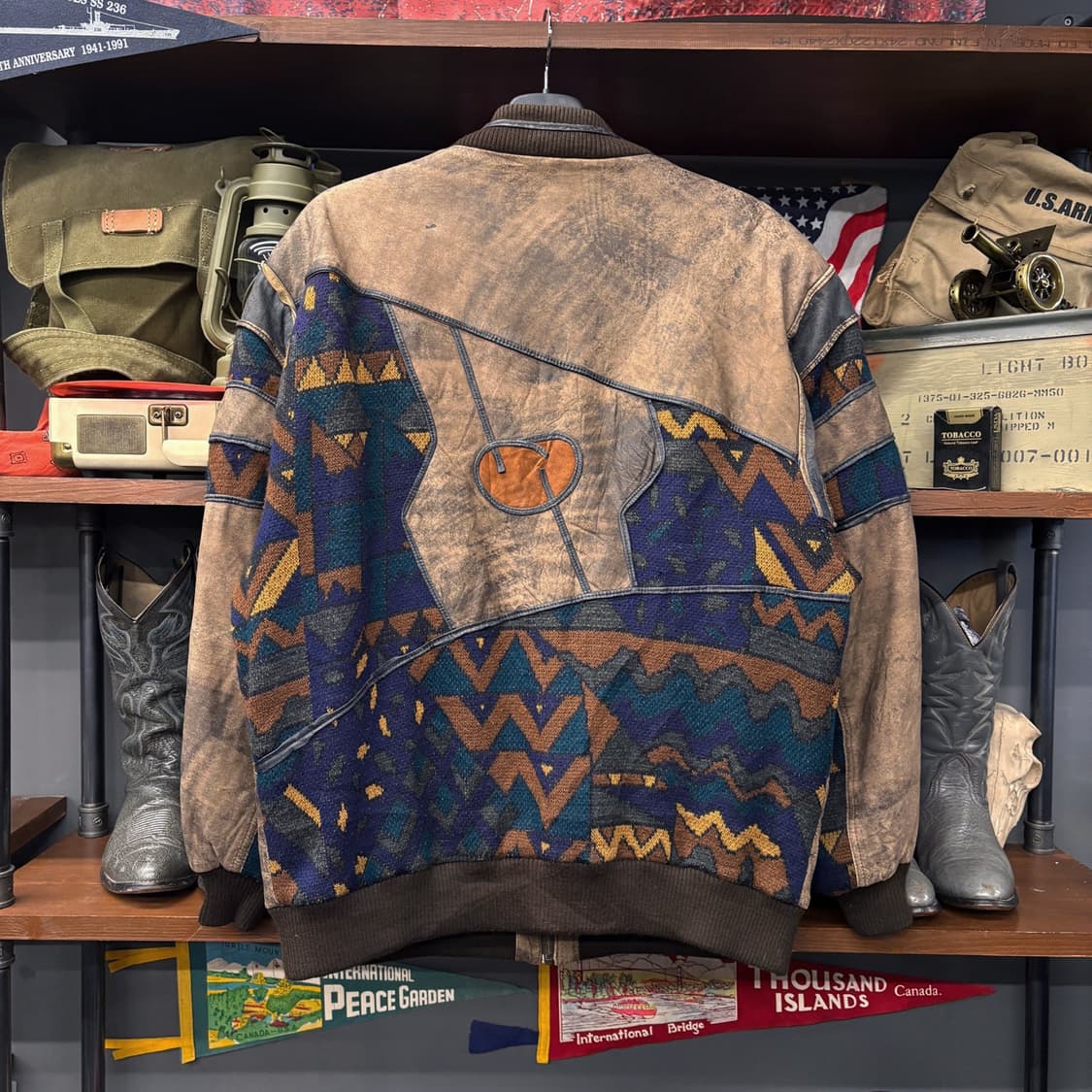 90s 하이웨이 레더 에스닉 패턴 케이블 패치 소가죽 봄버자켓 N583 상품이미지2