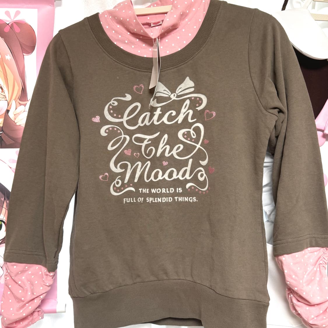 일본 빈티지 헤이세이 레터링 레이어드 브라운 맨투맨 라떼갸루 핑크 도트 상품이미지1