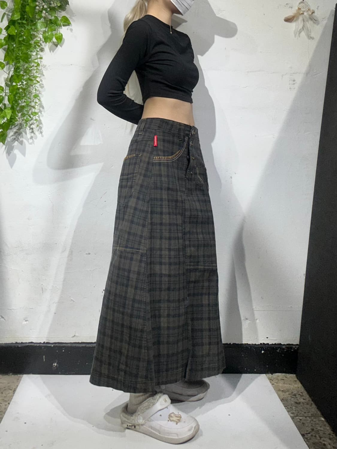 일본 빈티지 카키 체크 키치 롱 스커트  상품이미지1