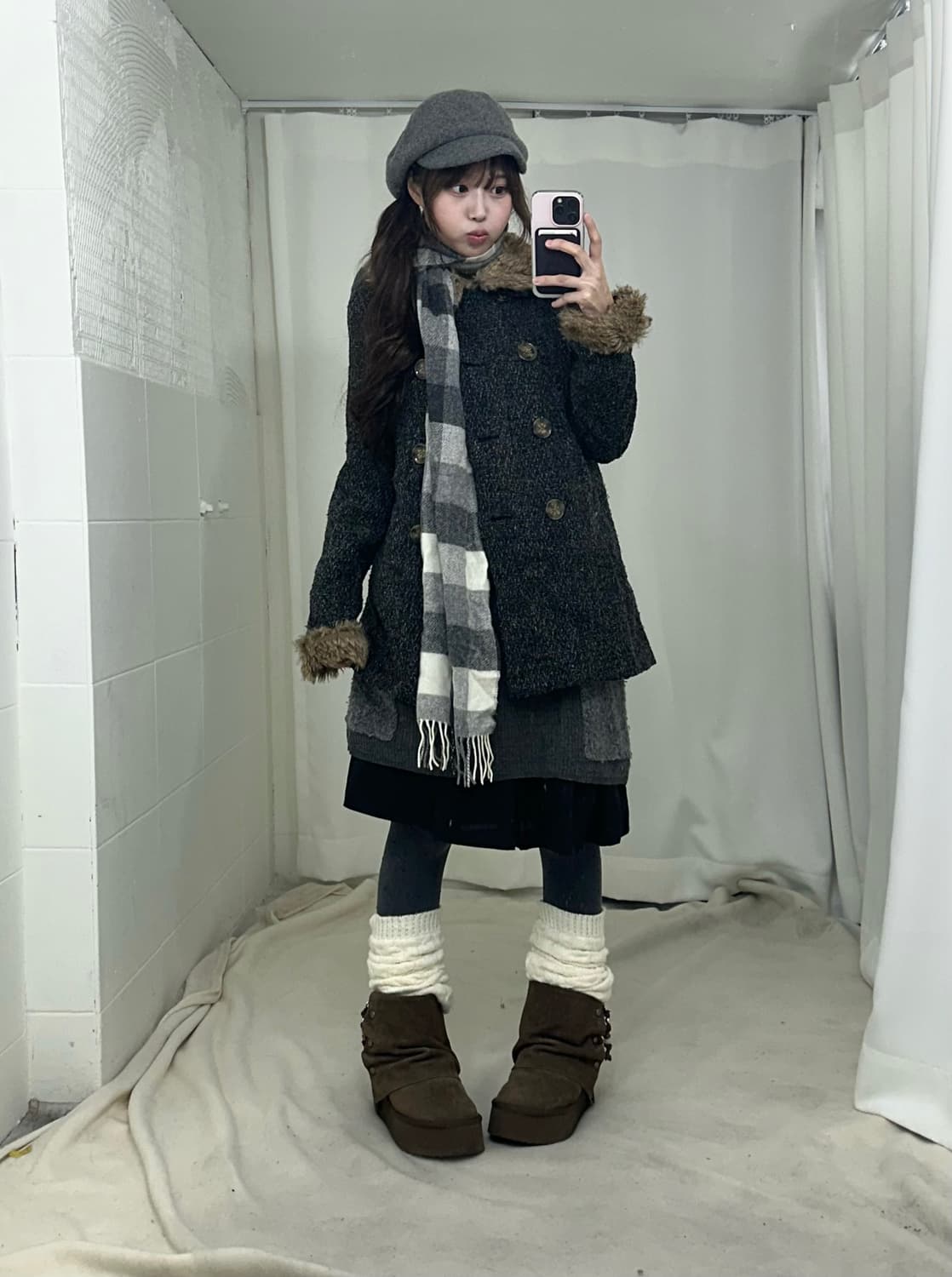 그레이 너드 니혼진 퍼 카라 피코트 코디세트 상품이미지1