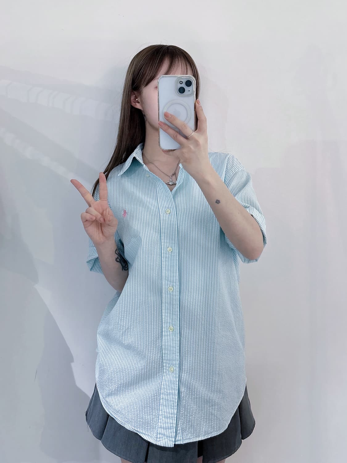 폴로랄프로렌 민트 스트라이프 시어서커 반팔 셔츠 상품이미지1