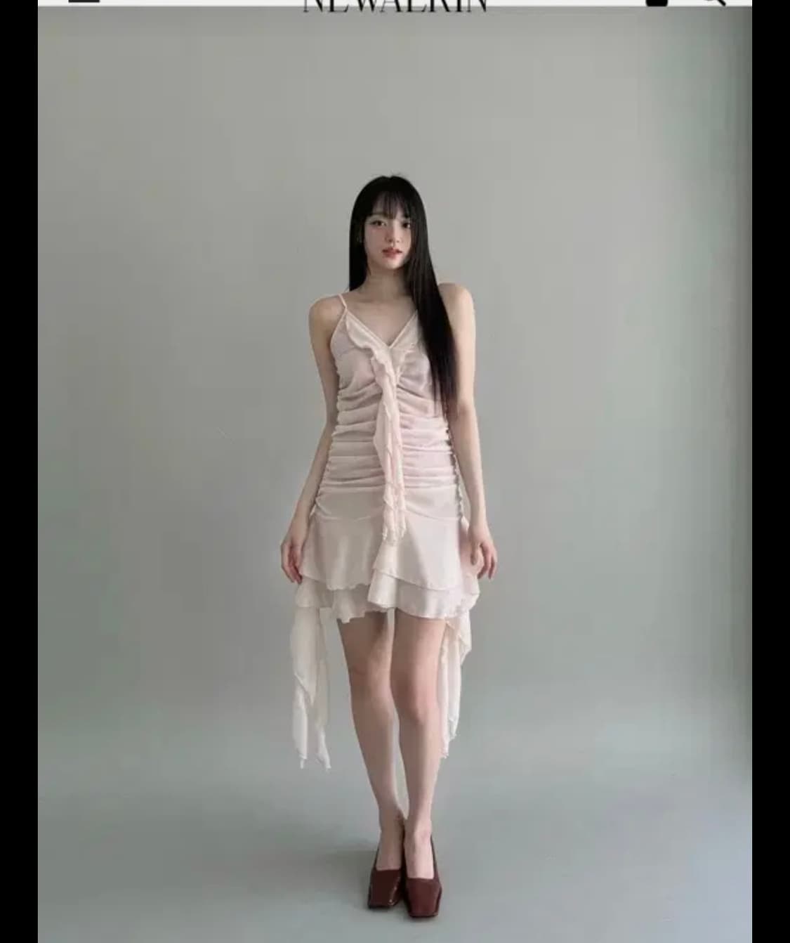 뉴얼린 벨 셔링 쉬폰 언발란스 드레스 피치핑크 상품이미지5