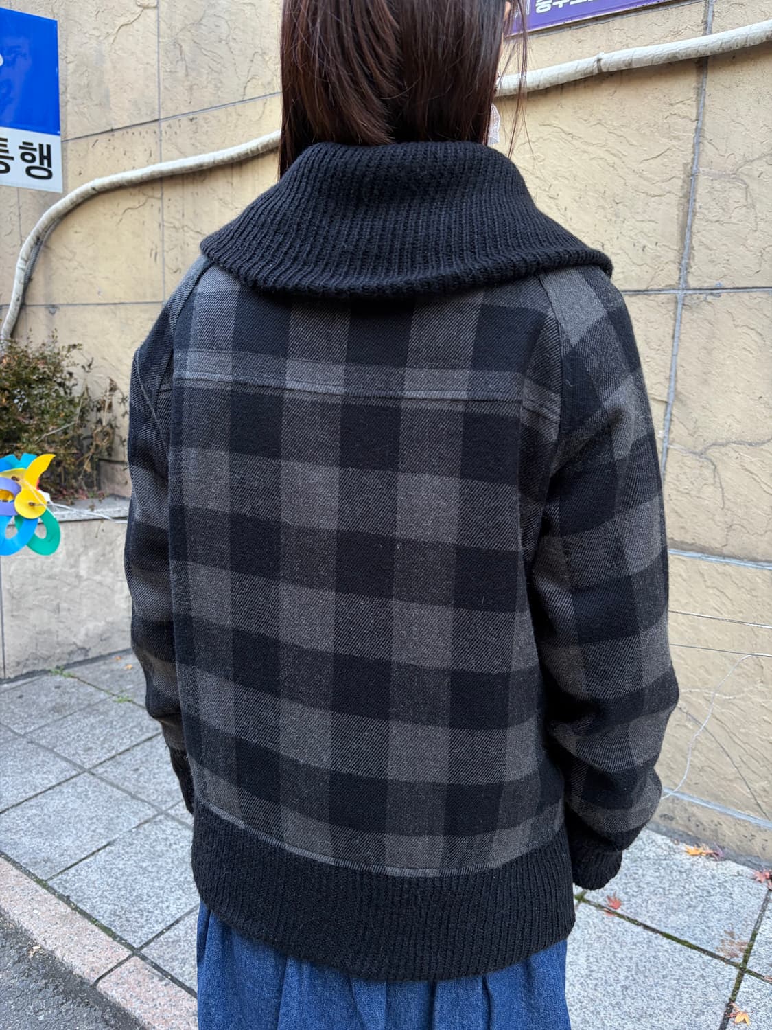 일본 빈티지 락펑크 빅카라 하이넥 체크 자켓 상품이미지4