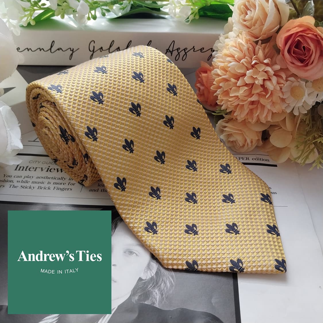 앤드류스 타이 실크 옐로우 패턴 넥타이 9.5cm 새제품 K1909
 상품이미지2