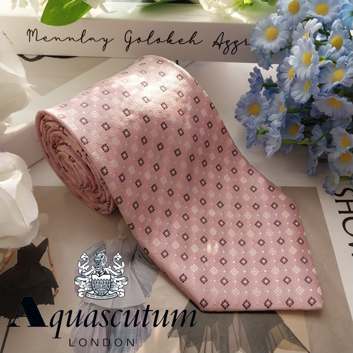아쿠아스큐텀 실크 핑크 패턴 넥타이 9.4cm A+등급 K1932 상품이미지3