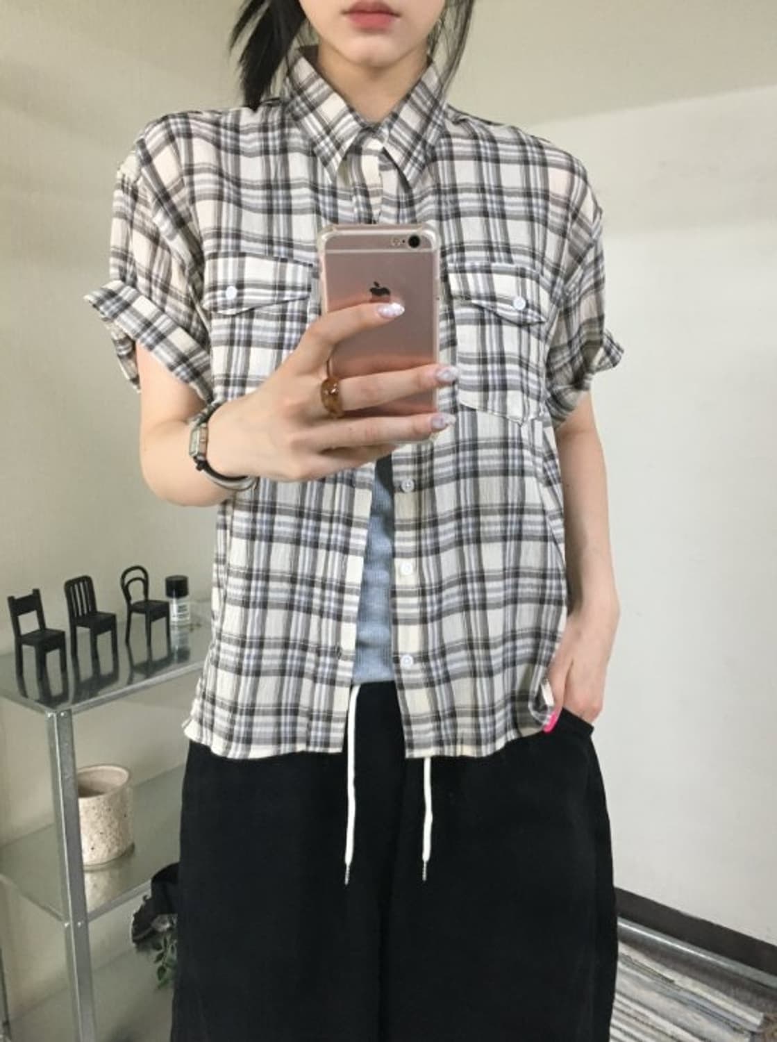 양포켓 크롭 체크 반팔셔츠(Unisex) 상품이미지1