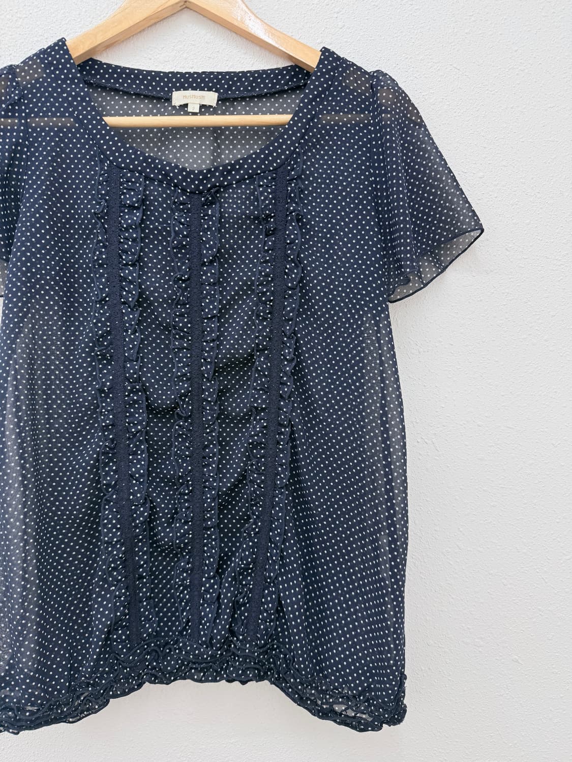 빈티지 Hushush 네이비 도트 시스루 프릴 블라우스 상품이미지2