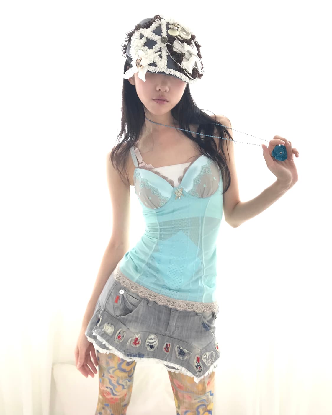 Aqua blue cubic flower long necklace 상품이미지5