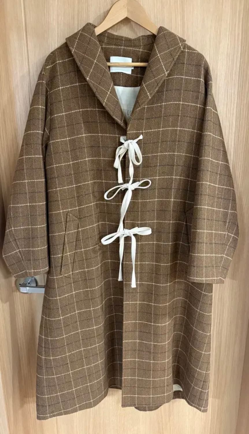 Neul 브라운 체크 리본 매듭 코트 상품이미지1