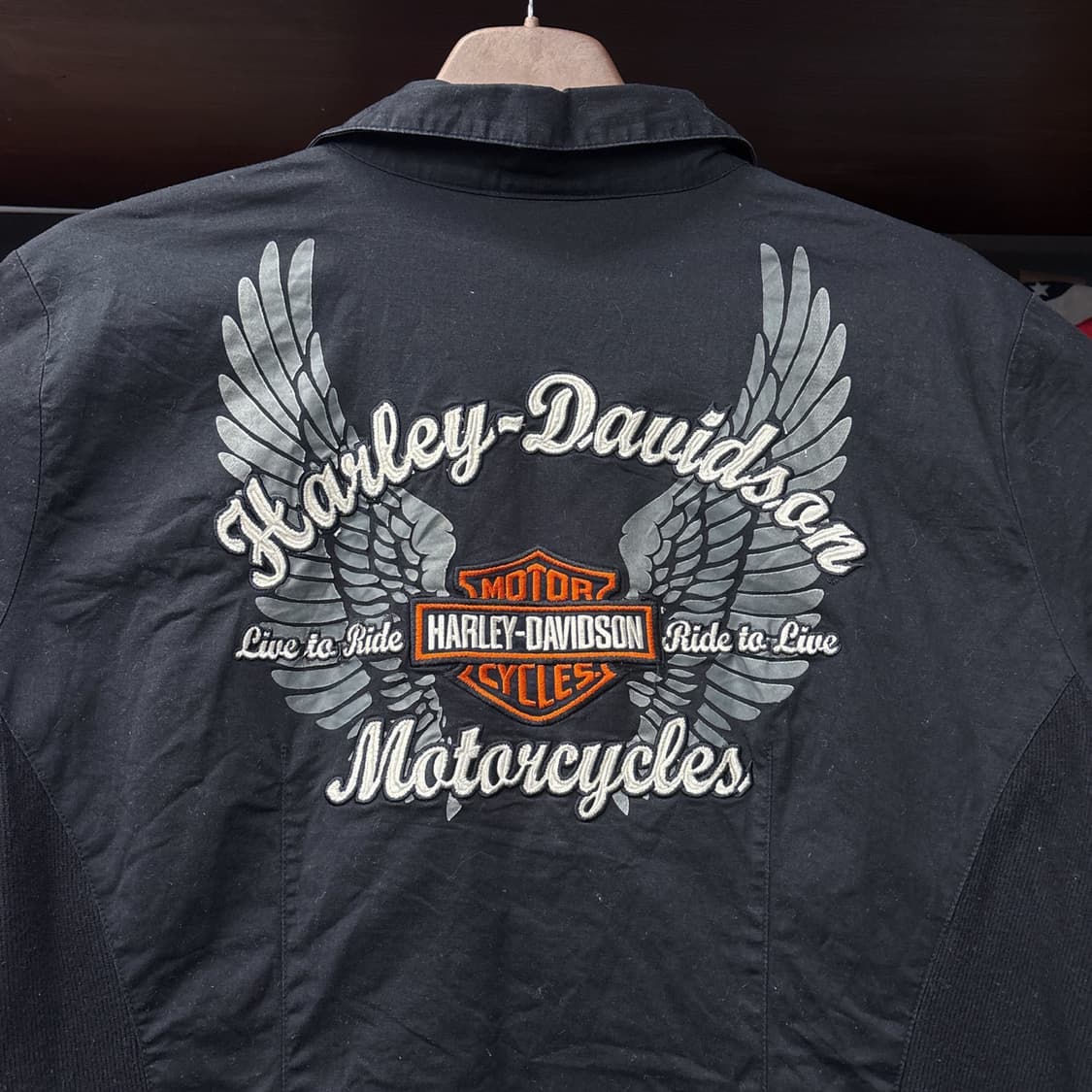 할리데이비슨 Y2K 스판라이닝 윙로고 패치 오픈카라 집업셔츠 N1069 상품이미지7