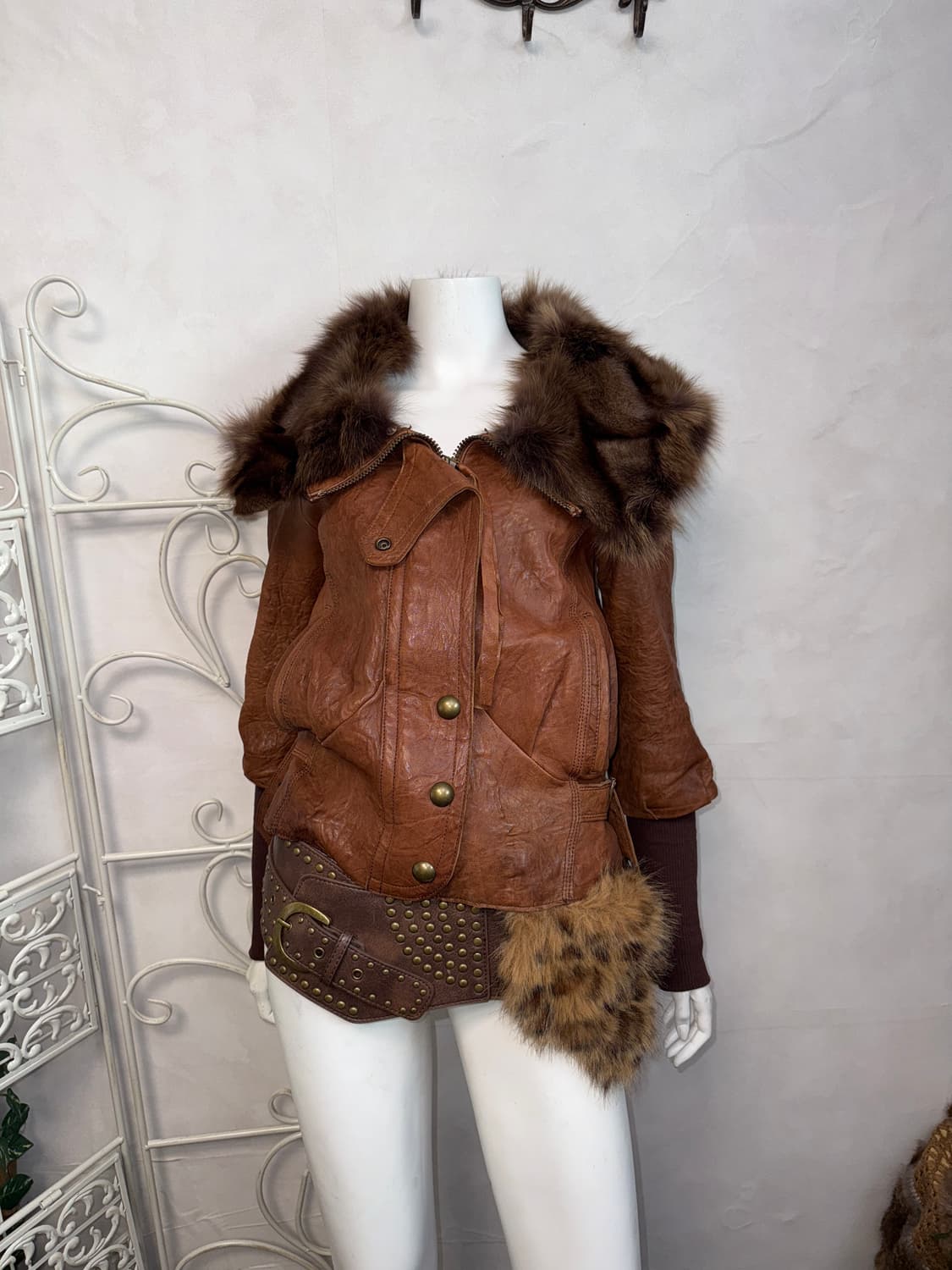 Camel brown lamb skin fox fur warmer jk 상품이미지6