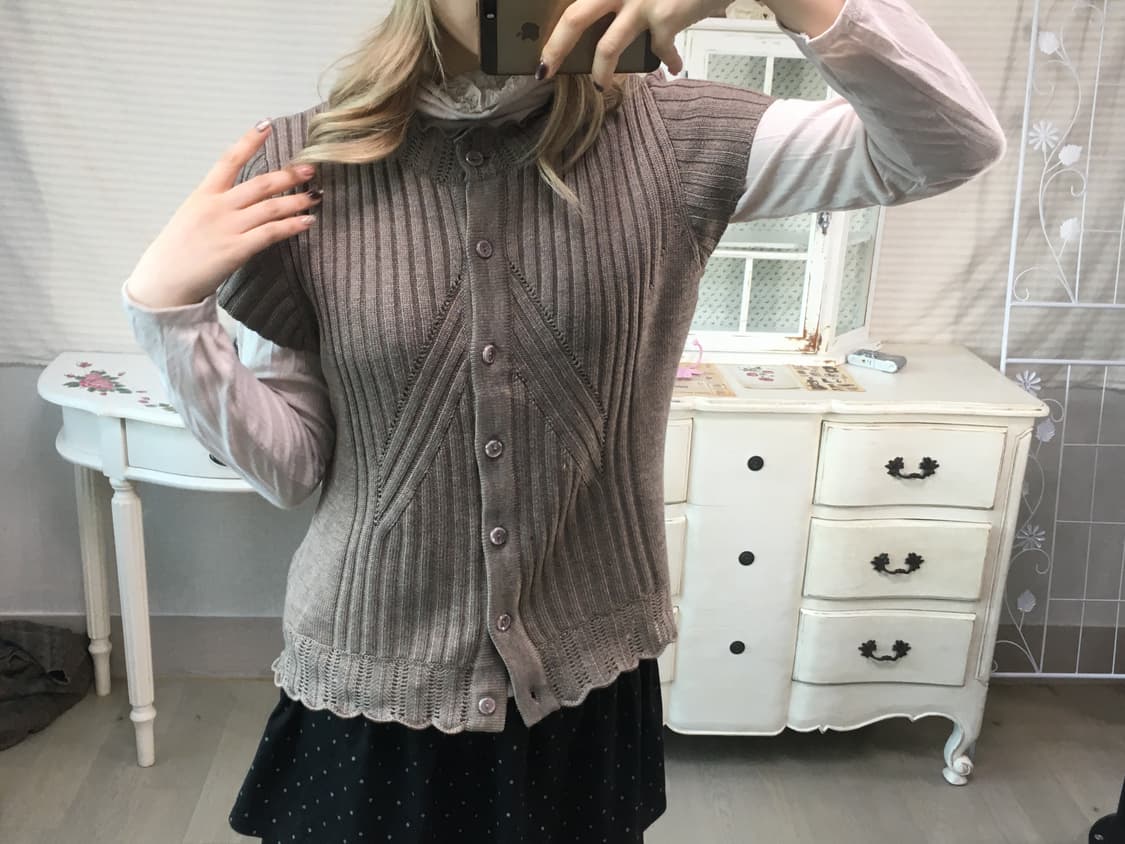 일본빈티지 핑크 브라운 울 크로셰 하프 니트 가디건 상품이미지4