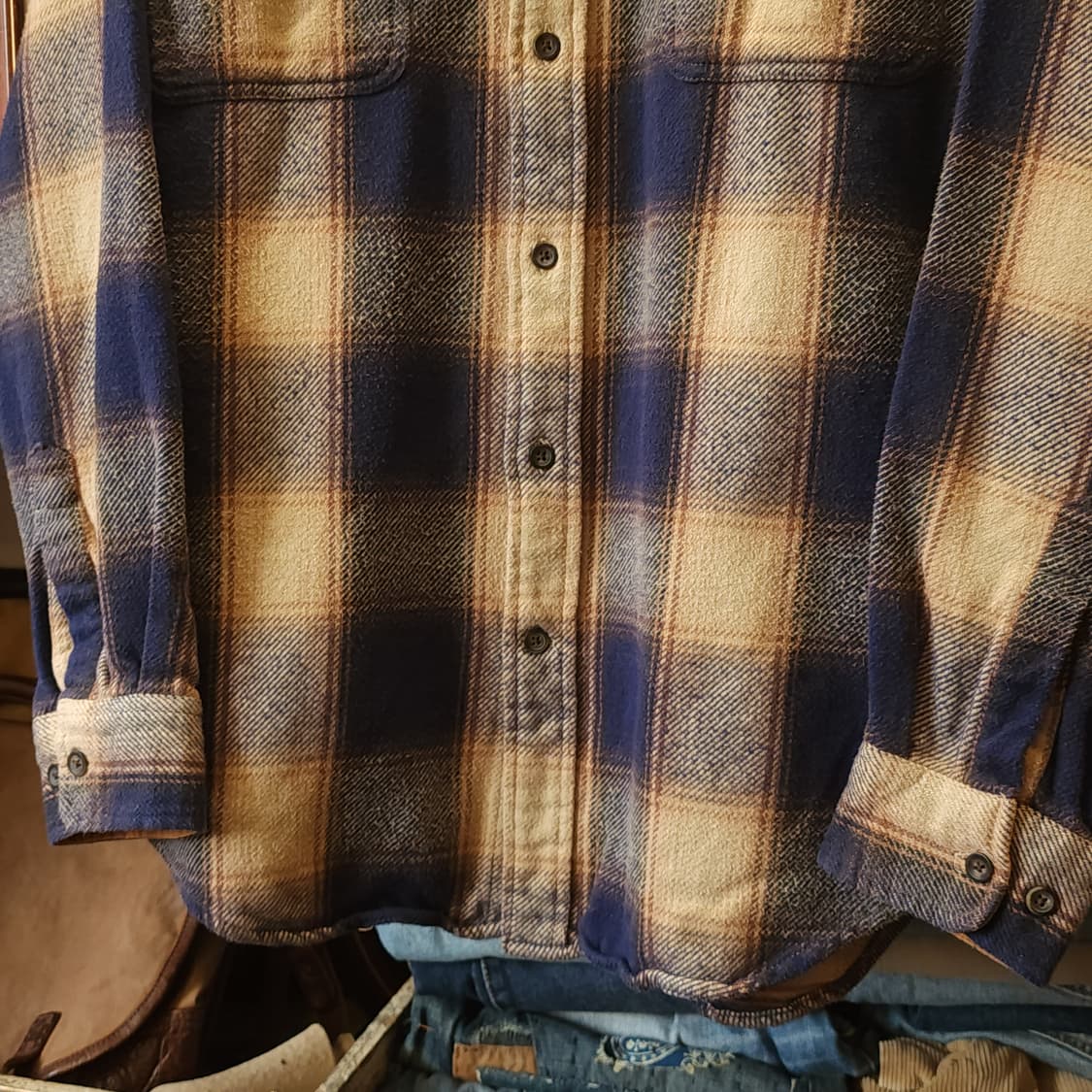 90s 아메리칸 빈티지 체크셔츠 헤비 플란넬 워크셔츠 빅체크 블루 L 상품이미지7