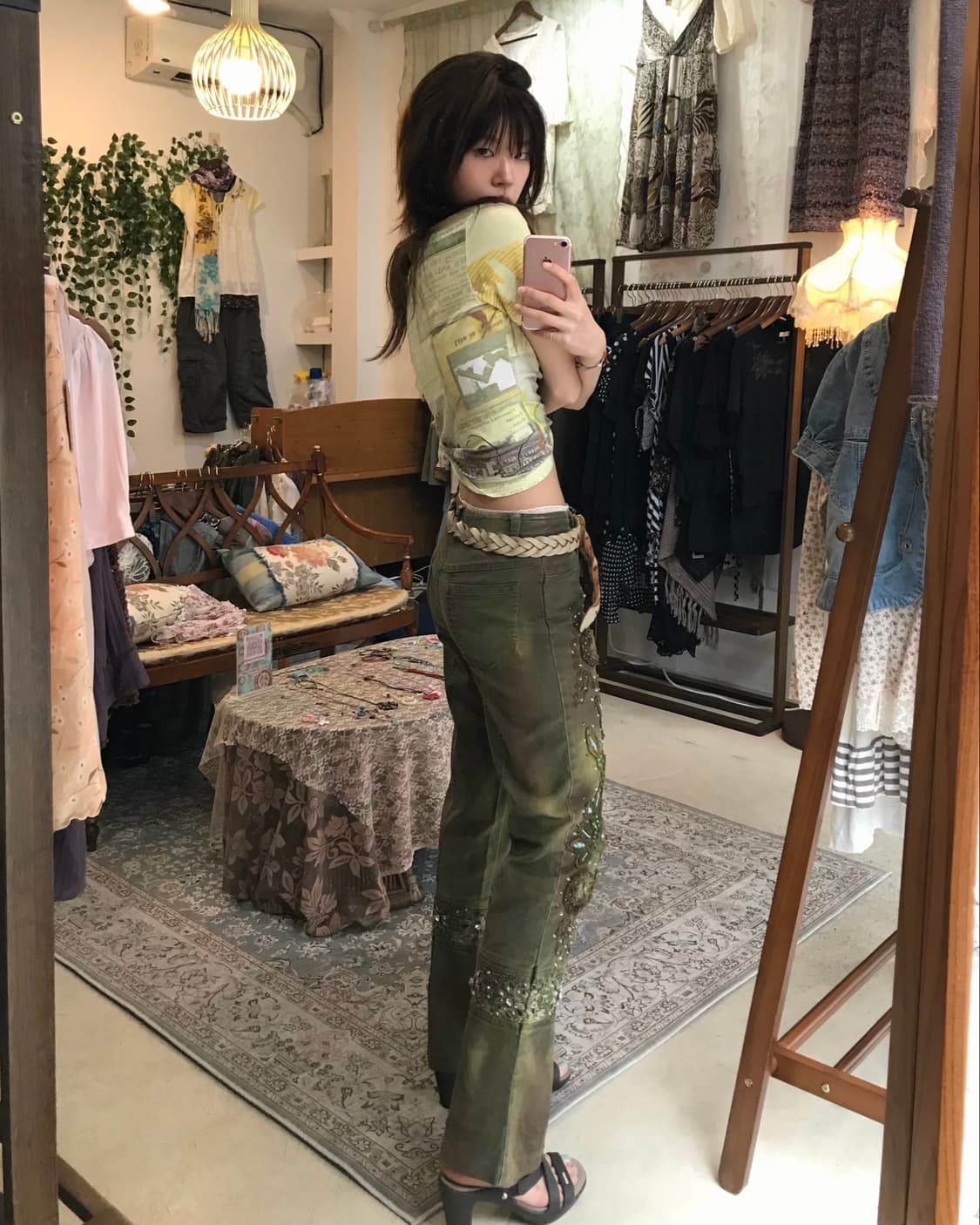 빈티지 카키 히피 그런지 아플리케 비즈 일자핏 팬츠 상품이미지3
