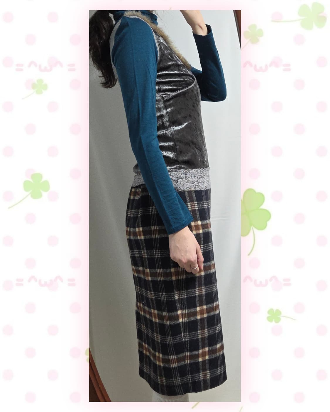 빈티지 코디 세트(청록폴라티, 회색벨벳슬리브리스, INGNI체크스커트) 상품이미지2