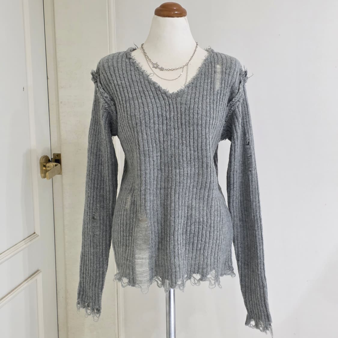 빈티지) 페어리 그런지 y2k v넥 데미지 울 루즈니트 긴팔 롱슬리브 상품이미지1