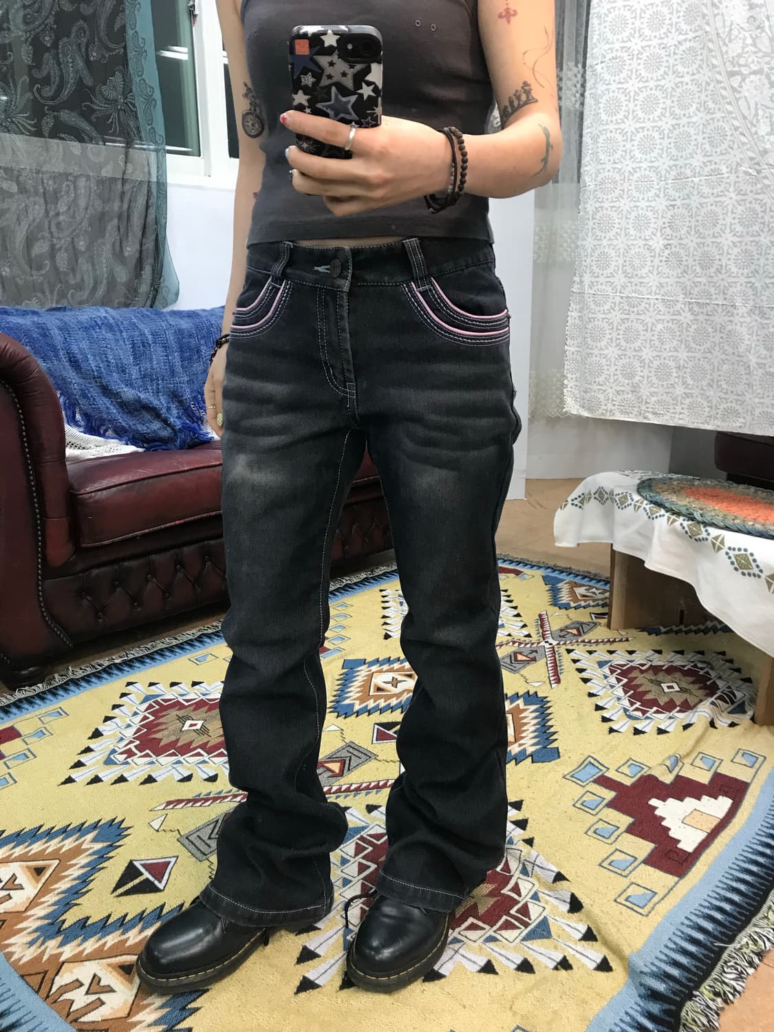 빈티지 핑크 스티치 스판 흑청 부츠컷 데님팬츠  상품이미지1