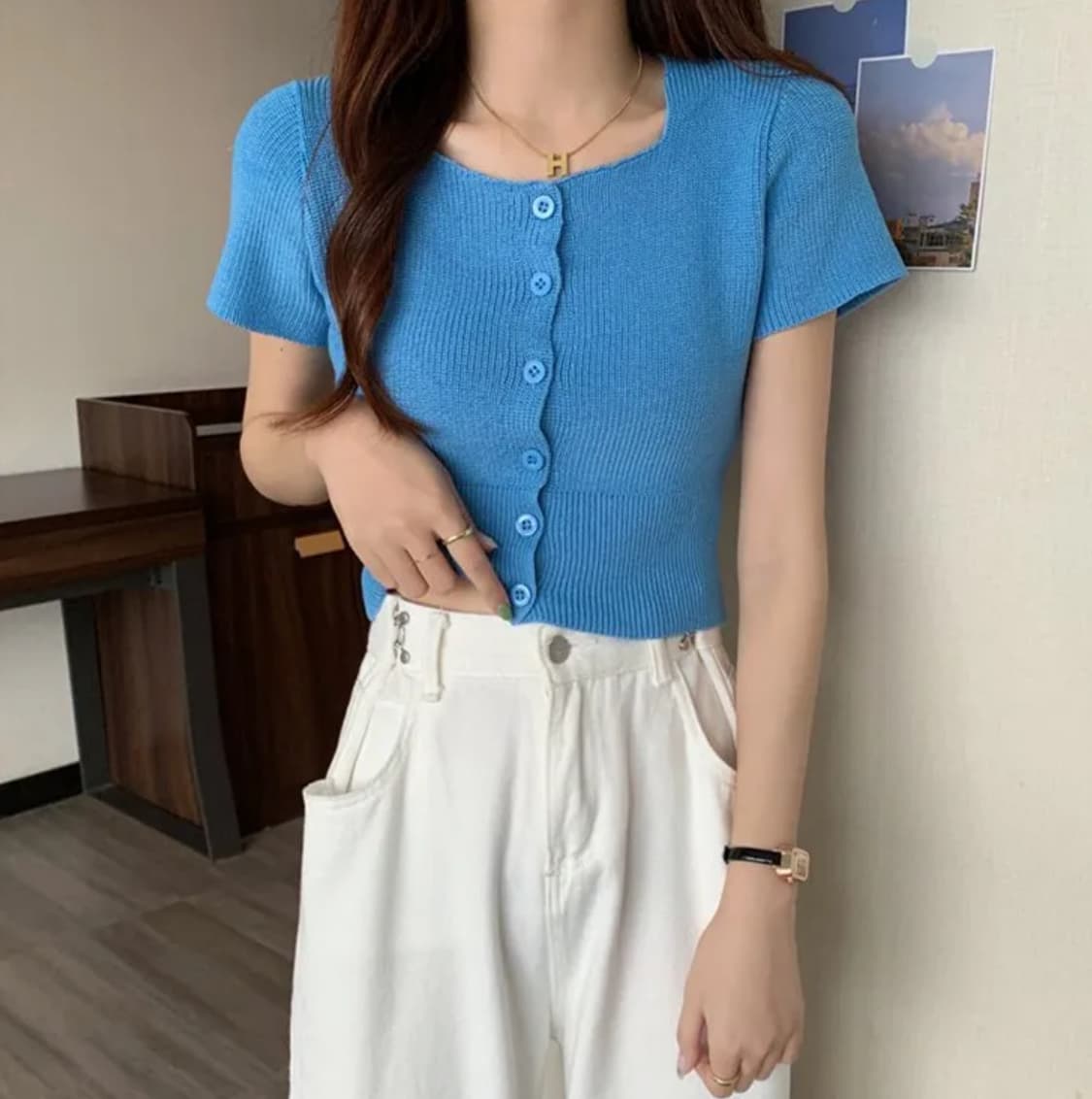 스퀘어넥 버튼 반팔 가디건 상품이미지1