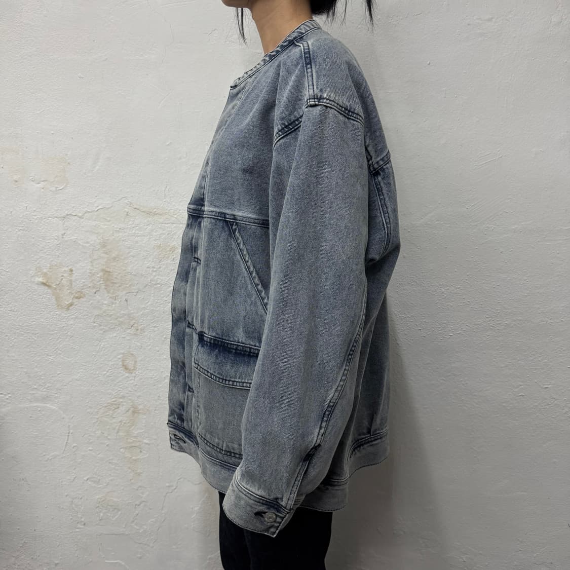  INHERIT 라이트블루컬러 워시드 논칼라 빅실루엣 13oz 데님 자켓 상품이미지2