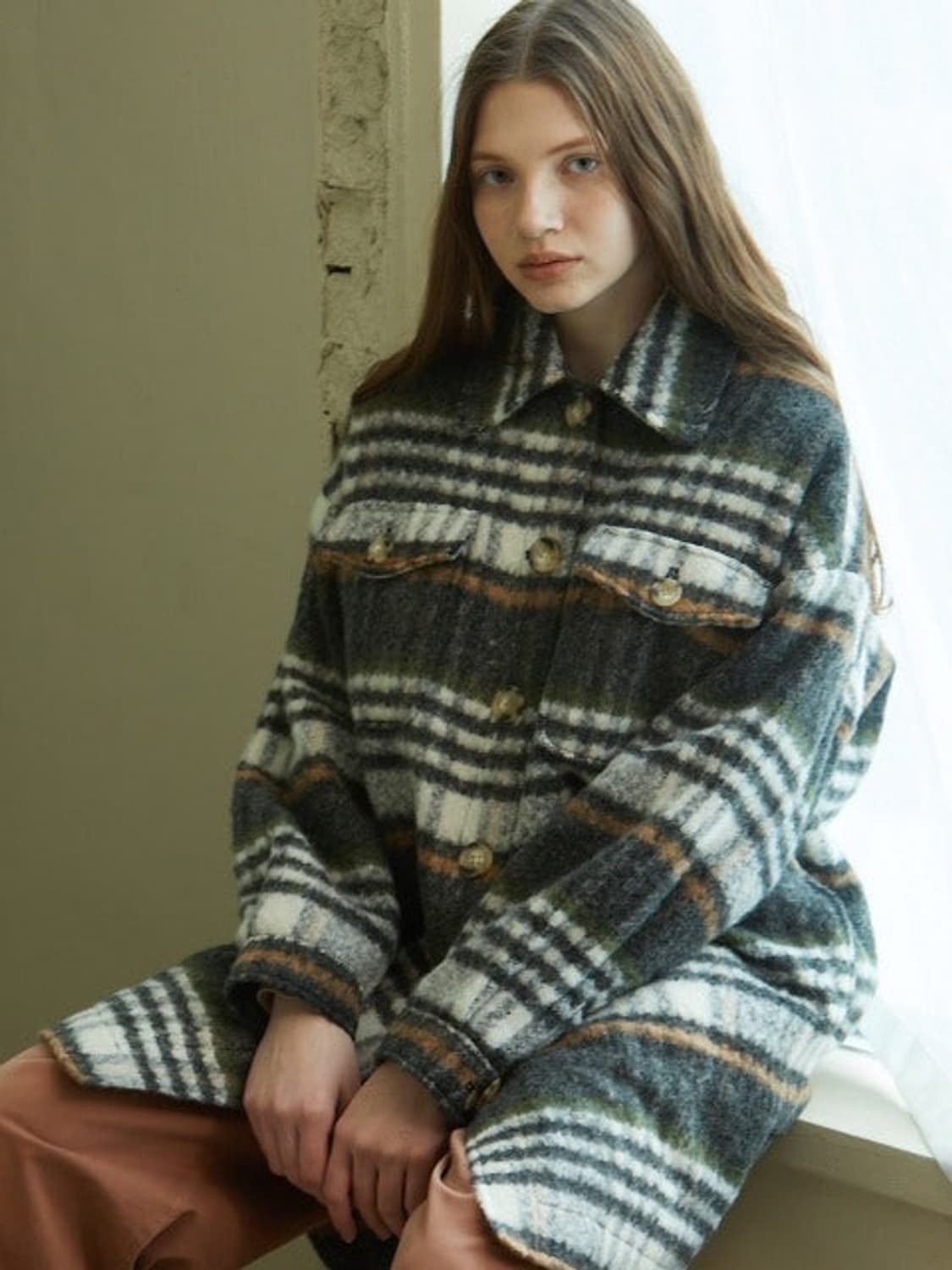 룩캐스트 블랙 체크 롱셔츠 자켓 코트 여성용 오버핏 55~77 상품이미지1