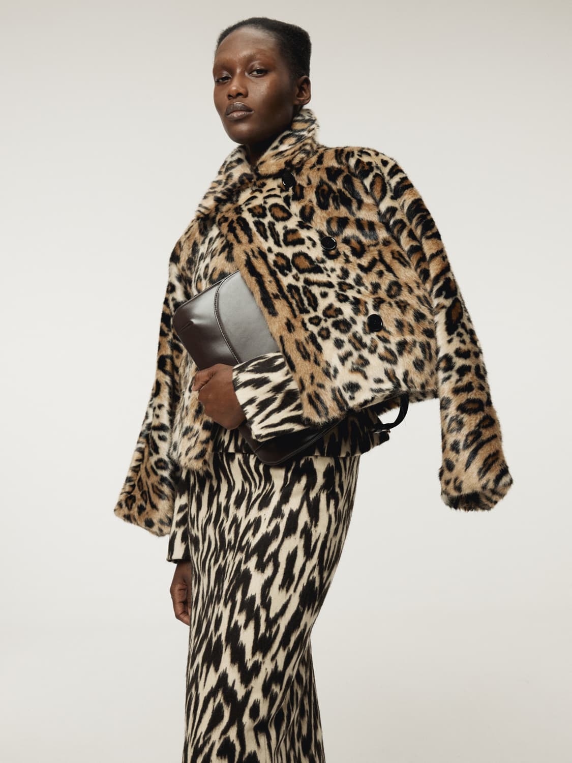 렉토 RECTO 레오파드 폭스 퍼 숏 코트 베이지 상품이미지1