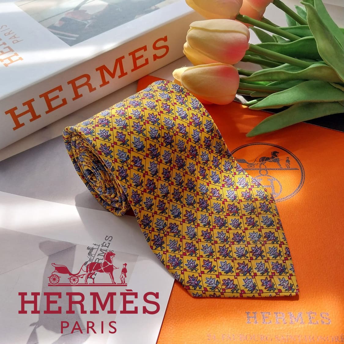 에르메스 머스타드 트리 패턴 넥타이 9.2cm B등급 K2590 상품이미지1