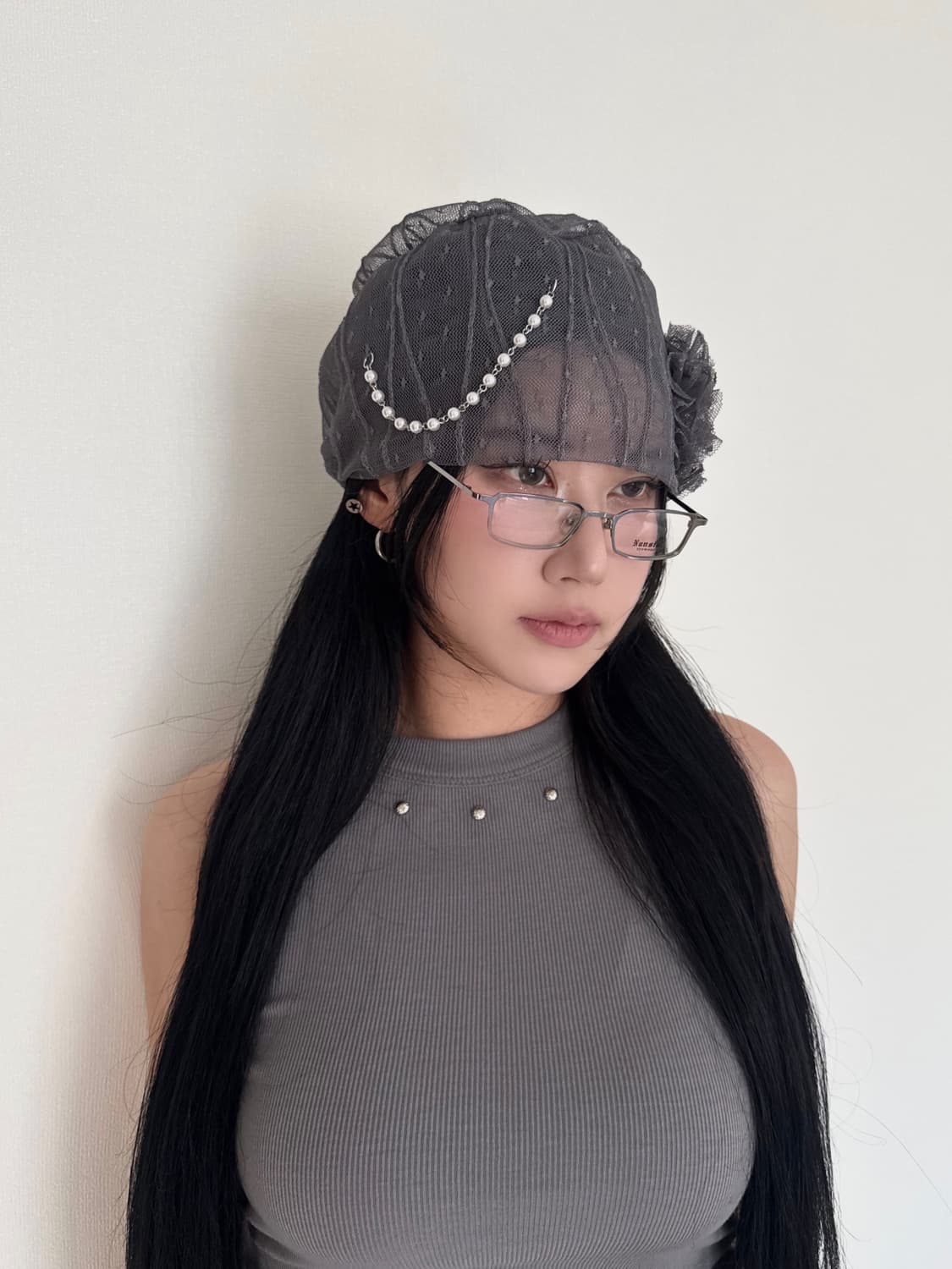 로즈 레이스 진주체인 코사지 시스루 비니 상품이미지7
