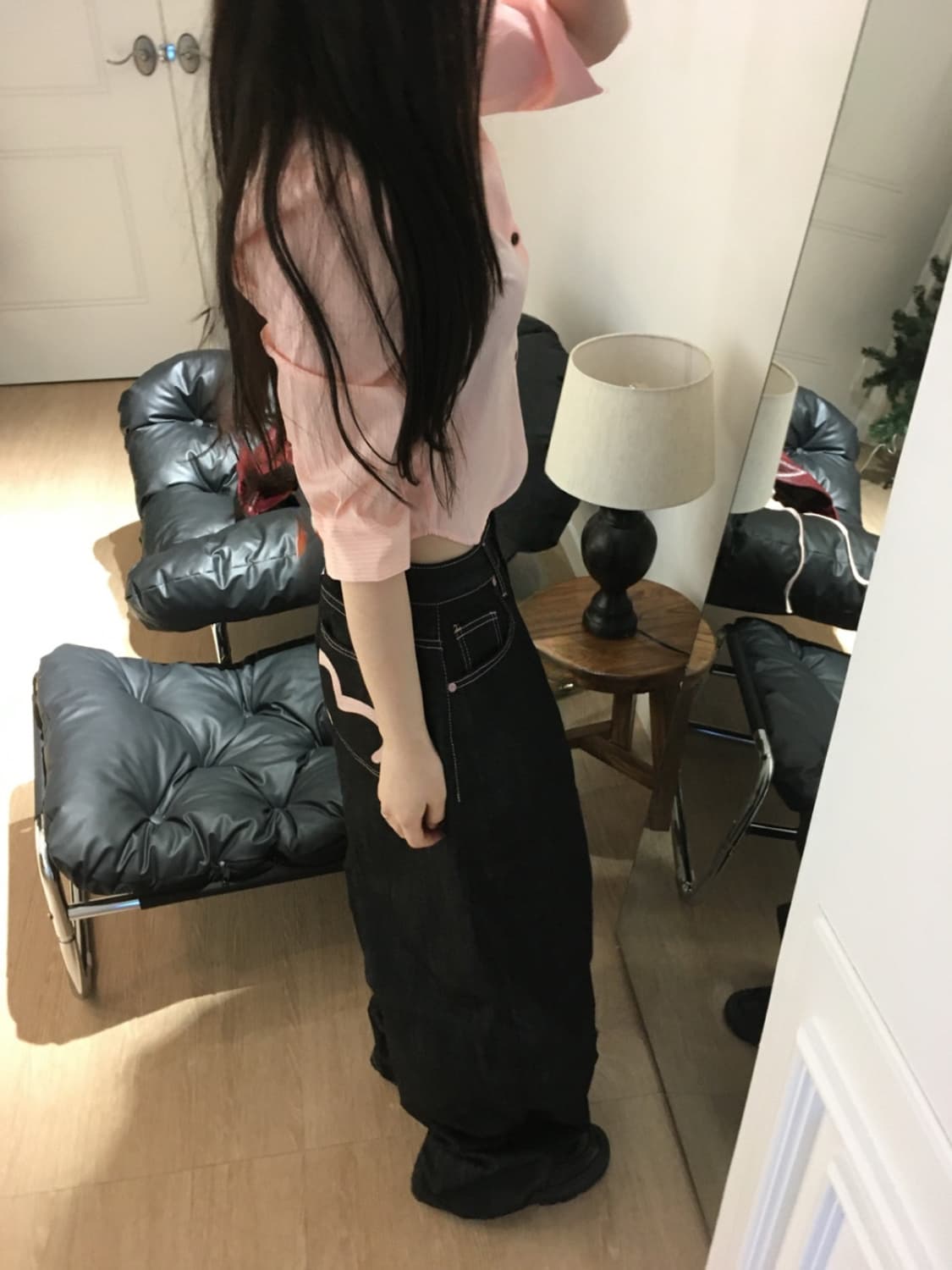새제품) 컴앤드헤이마 스트라이프 크롭 셔츠 피치핑크 상품이미지3