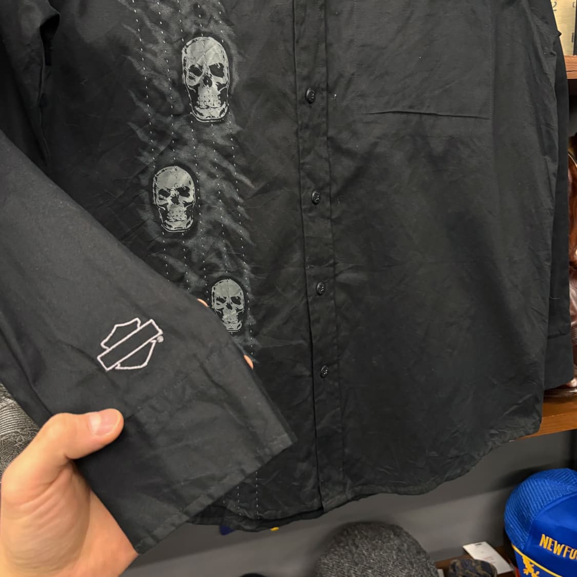 00s 할리데이비슨 Y2K 스티치라인 스컬모티브 그래픽 워크셔츠 N278 상품이미지4
